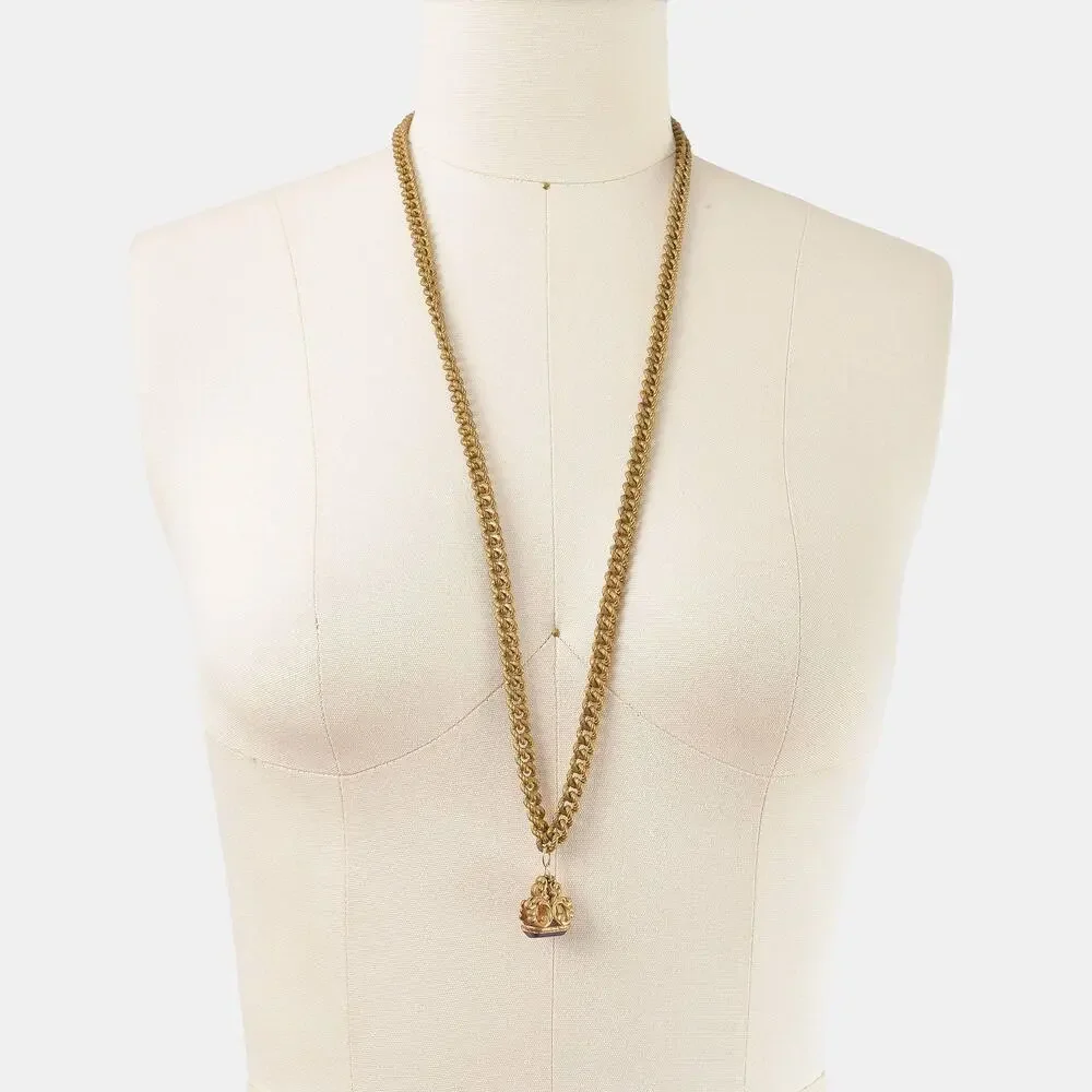 Vintage Miriam Haskell Gold Chain Necklace Antique Purple Watch Fob Pendant